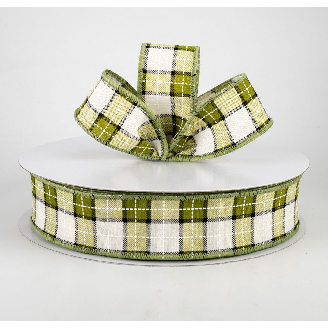Windowpane Ribbon Olive, Ivory, Black Windowpane Canvas Plaid 1.5
