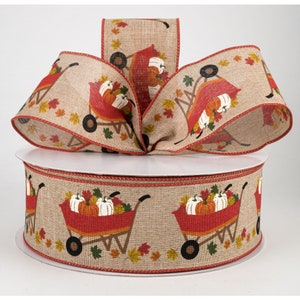 Pumpkin Wheelbarrow on Beige 2.5&quot; Wired Ribbon, Thanksgiving Fall Ribbon and Decor, Craft and Floral Wreath Supplies, 5 or YARDS