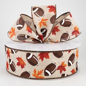 Football Fall 2.5&quot; Wired Ribbon, Fall Football Ribbon, Fall Decor, Craft, Floral, Wreath Supplies, Fall Leaf Football Ribbon, 5 or 10 YARDS