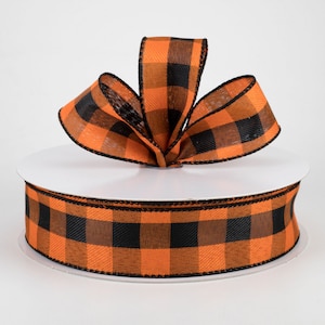 Linen Check Buffalo Plaid Orange and Black 1.5&quot; Ribbon, Halloween and Fall Wired Ribbon for Wreaths, Fall Decor, Bow Ribbon, 5 or 10 YARDS