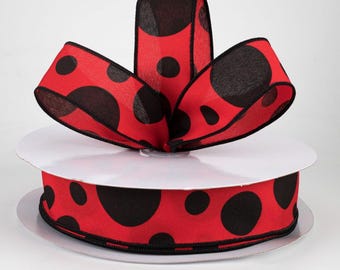 Red and Black Three Size Polka Dot 1.5" Wired Ribbon, Bow Making, Floral and Craft Ribbon, Spring and Summer Wreaths, 5 or 10 YARDS