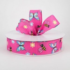 Butterflies & Bees Hot Pink Matte Satin 1.5&quot; Wired Ribbon, Bow Making Ribbon, Wreath and Craft Supplies, Butterfly Ribbon, 5 or 10 YARDS