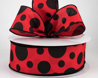 Red and Black Three Size Polka Dot 2.5" Wired Ribbon, Bow Making, Floral and Craft Ribbon, Spring and Summer Wreaths, 5 or 10 YARDS