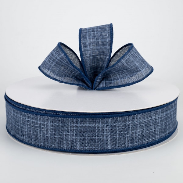 1.5" Navy Blue Estelle Textured Linen Wired Ribbon, Bow Making, Wreath and Floral Supply Wired Ribbon, 5 YARDS