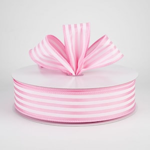 White Painted Stripes on Pink Satin 1.5&quot; Wired Ribbon, Valentine and Baby Bow Making Ribbon, Wreath and Craft Supplies, 5 or 10 YARDS