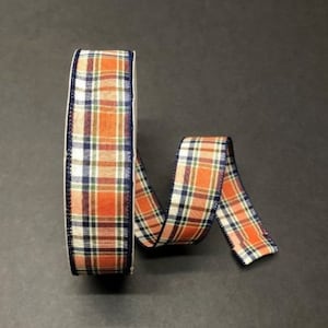 Navy, Moss, Orange, Cream Fall Plaid 1.5&quot; Wired Ribbon, Fall Home Decor, Plaid Bow Making Wired Ribbon, Craft and Wreath Supplies, 5 YARDS