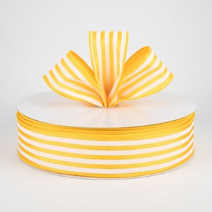 White Painted Stripes on Sunflower Yellow Satin 1.5&quot; Wired Ribbon, Summer Bow Ribbon, Wreath Craft Supply, Spring Decor, 5 or 10 YARDS