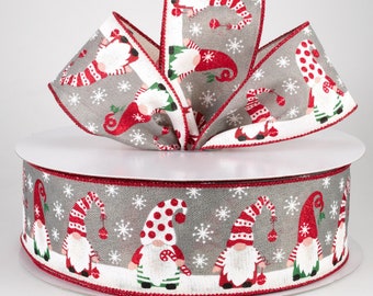 Gnome Christmas 2.5" Wired Ribbon, Gray Christmas Gnome Swag and Wreath Ribbon, Bow Making Ribbon, Christmas Decor, 5 or 10 YARDS