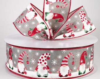 Gnome Christmas 2.5" Wired Ribbon, Gray Christmas Gnome Swag and Wreath Ribbon, Bow Making Ribbon, Christmas Decor, 5 YARDS