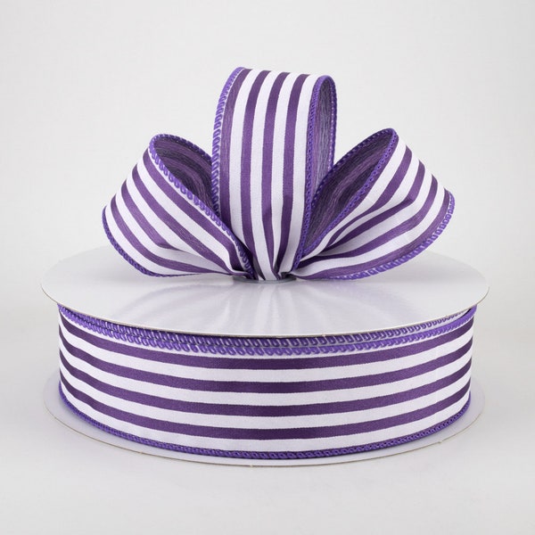 1.5" Purple on White Satin Cabana Stripes Wired Ribbon, Bow Making Ribbon, Wreath and Craft Supplies, Spring and Summer Decor, 5 YARDS