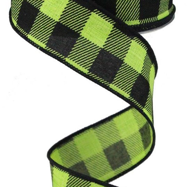 1.5" Linen Buffalo Check Plaid Lime Green and Black Wired Ribbon, Halloween Fall Ribbon for Wreaths, Fall Decor, Bow Making Ribbon, 5 YARDS