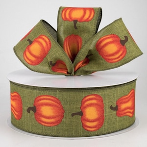 Orange Pumpkin on Green 2.5&quot;Wired Ribbon, Pumpkin Wreath Ribbon, Fall Bow Making Wired Ribbon, Craft Supplies, Linen Ribbon, 5 or 10 YARDS