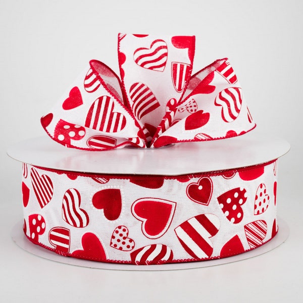 2.5" Red Hearts Polka Dot, Stripe, Solid Hearts Valentine's Day Wired Ribbon, Wreath and Valentine Decor, Mothers Day Decor, 5 YARDS