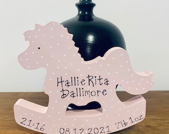 Personalised New Baby gift / Newborn / Birth announcement / Rocking horse / Hand painted / wooden/MDF shelf display ornament