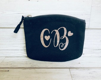 Personalised Cotton Canvas purse / pouch with zip in 4 colours and choice of coloured glitter vinyl for initials