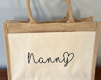 Personalised Jute Shopping Bag with pocket, Large shopping bag, gift bag, named bag, mothers day gift, Christmas gift. birthday, mum, nanny