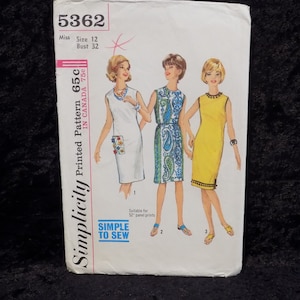 Vintage 1960s Simplicity Pattern #5362 - One-Piece Dress - Transfer Included - Simple-to-Sew Sleeveless Dress  - Size 12 Bust 32