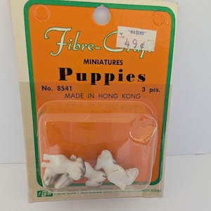 Vintage Fibre-Craft Miniatures &quot;Puppies&quot; No. 8541 - 3 Pieces - Made in Hong Kong - Dollhouse Accessories - Diorama - Crafting