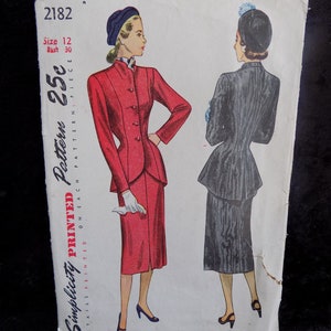 Vintage 1940s Simplicity Pattern #2182 - Misses Two-Piece Suit - jacket with princess lines -  straight paneled skirt - Size 12 Bust 30