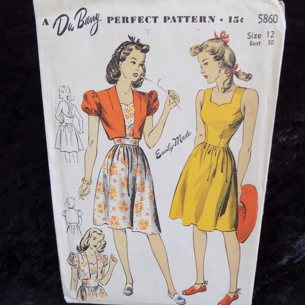 Vintage 1940s DuBarry Sewing Pattern #5860 - Misses' Sun-Back Dress and Separate Bolero - Vintage 1940s Sewing Pattern - Size 12 Bust 30