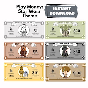 May include: A collection of Disney Dollars featuring Star Wars characters. The play money includes denominations of $1, $5, $10, $20, $50, and $100. Each bill showcases a different character, such as C-3PO, Yoda, and Darth Vader. The text "Play Money: Star Wars Theme" is at the top.
