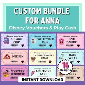 Könnte beinhalten: Ein individuelles Bundle für Anna mit Disney-Gutscheinen und Spielgeld. Das Design umfasst Gutscheine für einen Arcade-Trip, eine Sammlermünze, ein T-Shirt, eine Anstecknadel, eine Süßigkeit, einen Haar-Wrap, eine Überraschung, eine Lightning Lane und ein Souvenir. Das Bild sagt "Sofort-Download".