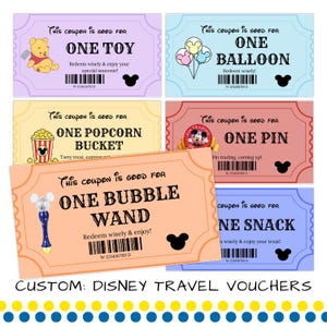 May include: A collection of six colorful Disney travel vouchers. Each voucher features a different item: a toy, balloon, popcorn bucket, pin, bubble wand, and snack. The vouchers have a Mickey Mouse silhouette and text.