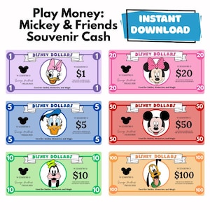May include: Colorful play money featuring Disney characters like Mickey, Minnie, Donald, Daisy, Goofy, and Pluto. Each bill has a different value, ranging from $1 to $100, and includes the text "Disney Dollars". The design is intended for souvenir or play purposes.
