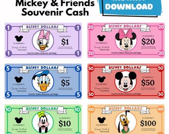 Disney Play Money Spending Tool for Children Vacation Budget Printable Download Dollars Mickey Mouse Theme Park Souvenir Tracker Family