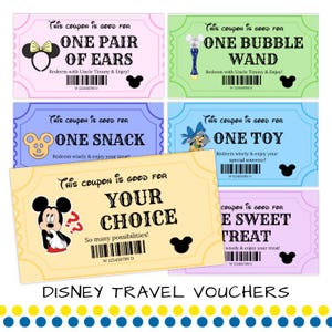 May include: A collection of six rectangular paper coupons in various pastel colours, each featuring a barcode, a Mickey Mouse head silhouette, and text such as This coupon is good for one pair of ears, one bubble wand, one snack, one toy, your choice, or one sweet treat.