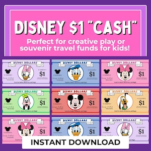 Op de afbeelding: Een verzameling van negen rechthoekige Disney Dollars speelgeldbiljetten in verschillende kleuren, elk met een karakterillustratie, de tekst DISNEY DOLLARS, een waarde van $1 en de tekst INSTANT DOWNLOAD onderaan de afbeelding.