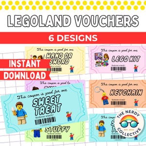 May include: A set of six printable Legoland vouchers featuring various rewards like a Lego kit, keychain, and sweet treat. Each rectangular coupon includes a barcode, a small Lego minifigure illustration, and the text This coupon is good for one.