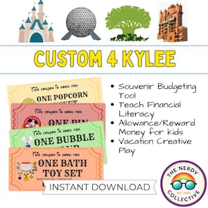 May include: A digital print with theme park imagery and coupon vouchers. The vouchers offer experiences such as popcorn, dining, bubbles, and a bath toy set. Text includes "CUSTOM 4 KYLEE" and "INSTANT DOWNLOAD."