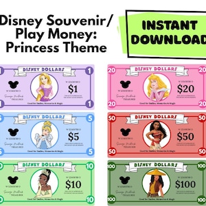 Pode incluir: Notas de dinheiro de brincar de lembrança da Disney coloridas com personagens de princesas. As notas são em denominações de 1, 5, 10, 20, 50 e 100 dólares. Cada nota tem um retrato de princesa e as palavras "Disney Dollars".