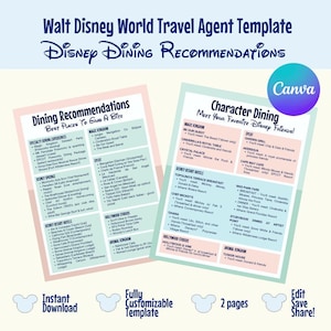 Travel Agent Disney Dining Template Planner Tool Professional Organizer Vacation Itinerary Character Recommendation Guide Digital Download