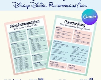 Travel Agent Disney Dining Template Planner Tool Professional Organizer Vacation Itinerary Character Recommendation Guide Digital Download