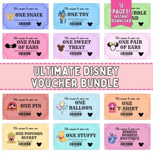 Puede incluir: Un conjunto de cupones de vales de Disney coloridos. Cada cupón ofrece un regalo o experiencia diferente, como un bocadillo, un juguete o un globo. El paquete incluye 12 páginas y está disponible para descarga instantánea.
