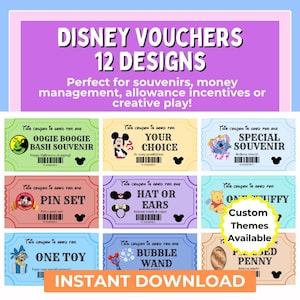 Op de afbeelding: Een set van twaalf Disney-vouchers met diverse kleurrijke ontwerpen. Elke rechthoekige coupon bevat tekst zoals Oogie Boogie Bash Souvenir, Your Choice, Special Souvenir, Pin Set, Hat or Ears, One Stuffy, One Toy, Bubble Wand en Pressed Penny, samen met barcodes en Mickey Mouse-iconen.