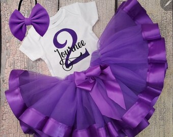 Purple Tutu Birthday Outfit Embroidered Personalized Shirt Tutu and Bow Set