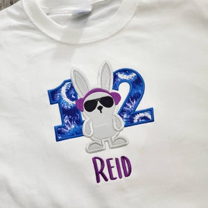 Kids Embroidered Applique Hip Bunny Birthday Shirt, Personalized with Name and Age