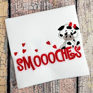 Kids Embroidered Valentines Day Shirt, SMOOCHES Cow with Bow for Girls, Kids, Toddlers, Babies