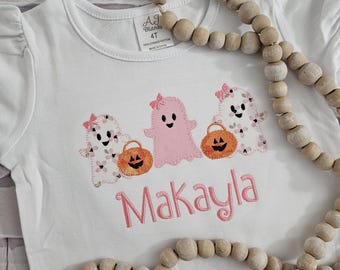 Kids Embroidered Applique Pink Girl Ghost Halloween Shirt, Personalized