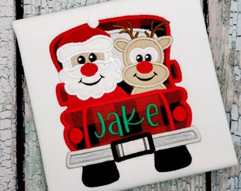 Kids Embroidered Christmas Shirts, Santa Reindeer Truck Shirt, Personalized Kids Christmas Gift, Boys Monogrammed Christmas Shirts