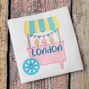 Kids Summer Ice Cream Cart Embroidered Shirt, Personalized Monogram Shirt for Boy, Girl, Toddlers, Babies, Summer, Sketch Embroidery