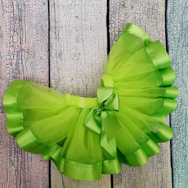 Ribbon Trimmed Tutu Skirt Lime Green for Baby Toddler Girl, Ribbon Edged Tutu, Ribbon Trim Tutu, Tulle Skirt, Available in Newborn to 5T