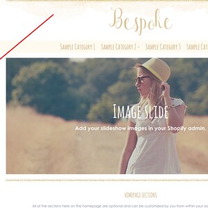 May include: A screenshot of a website editor showing a section called "Image Slide" with a background image of a woman wearing a white dress and a yellow hat standing in a field. The text "Add your slideshow images in your Shopify admin." is below the image.