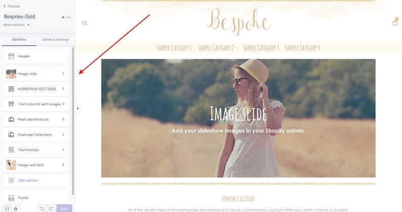 May include: A screenshot of a website editor showing a section called "Image Slide" with a background image of a woman wearing a white dress and a yellow hat standing in a field. The text "Add your slideshow images in your Shopify admin." is below the image.