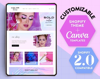 Customizable Shopify Theme, Canva Branding Templates | Feminine Shopify Theme Download | Color Theory Holographic Shopify Theme