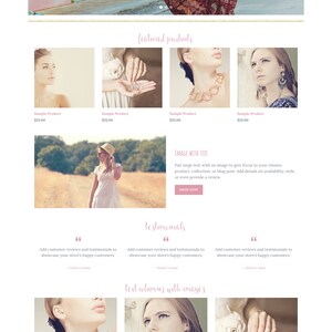 May include: A website homepage for a jewelry shop called "Bespoke Pink". The website features a pink and white color scheme with a watercolor background. The homepage includes a slideshow, featured products, testimonials, and a call to action to join the mailing list.