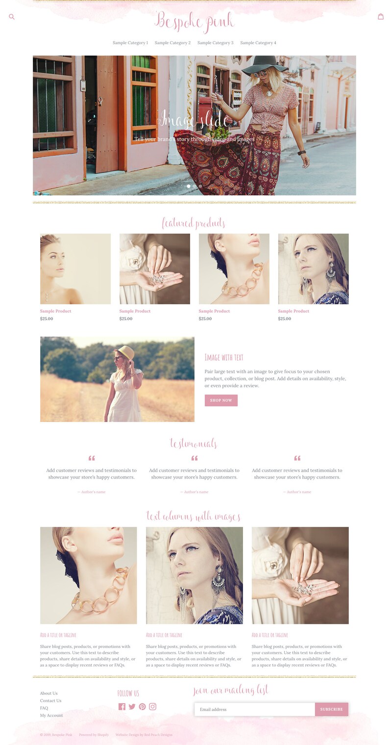 May include: A website homepage for a jewelry shop called "Bespoke Pink". The website features a pink and white color scheme with a watercolor background. The homepage includes a slideshow, featured products, testimonials, and a call to action to join the mailing list.